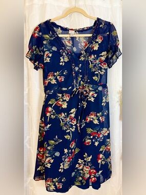 Converse Blue Floral Boho Dress Tie Waist Flowy Cottagecore Size M